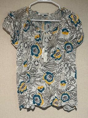 Rose & Olive White Blouse with Teal and Yellow Floral Print